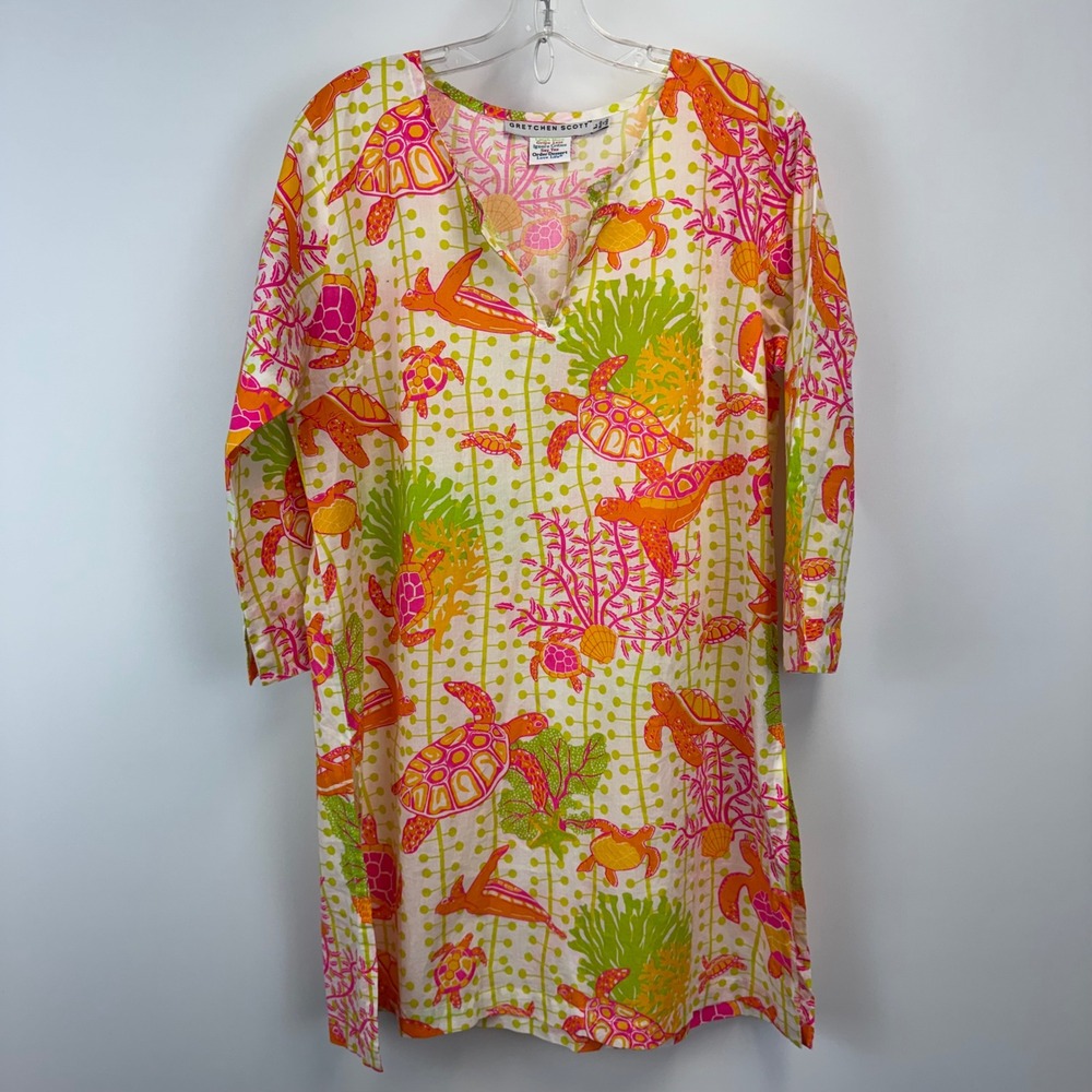 Gretchen Scott Sea Turtle Print Cotton Tunic Top Pink Orange Lime Green Large